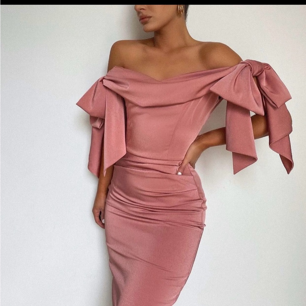 NADINE MERABI Strapless Pink Dress with Bow Details